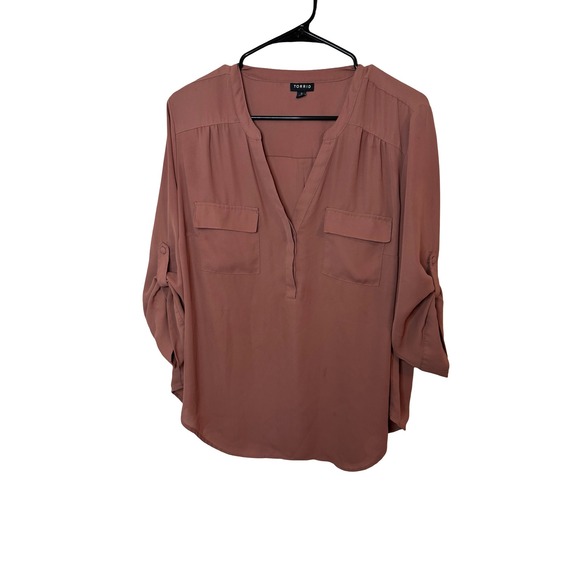 torrid Tops - Torrid Harper Mauve Pink Georgette Pullover Blouse 3/4 Roll Tab Sleeve Size 0